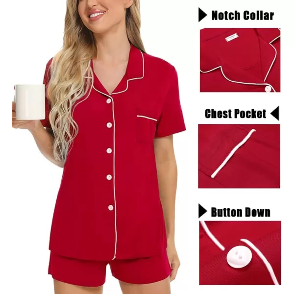 SWOMOG Womens 3pcs Button Down Pajamas Set Short Sleeve Sleepwear Bride Soft Pj Lounge Sets with Long PantsRed