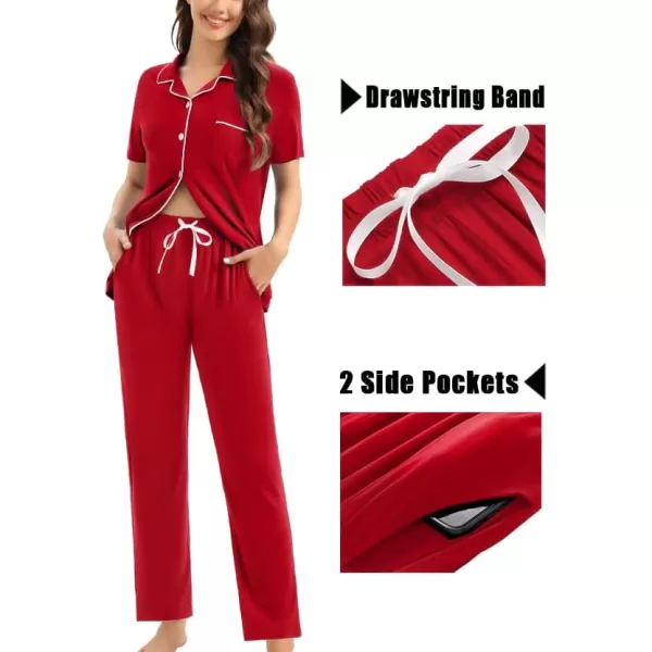 SWOMOG Womens 3pcs Button Down Pajamas Set Short Sleeve Sleepwear Bride Soft Pj Lounge Sets with Long PantsRed