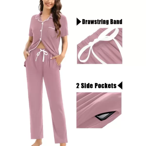 SWOMOG Womens 3pcs Button Down Pajamas Set Short Sleeve Sleepwear Bride Soft Pj Lounge Sets with Long PantsTaro Purple