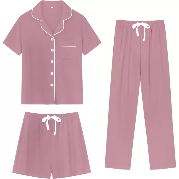 SWOMOG Womens 3pcs Button Down Pajamas Set Short Sleeve Sleepwear Bride Soft Pj Lounge Sets with Long PantsTaro Purple