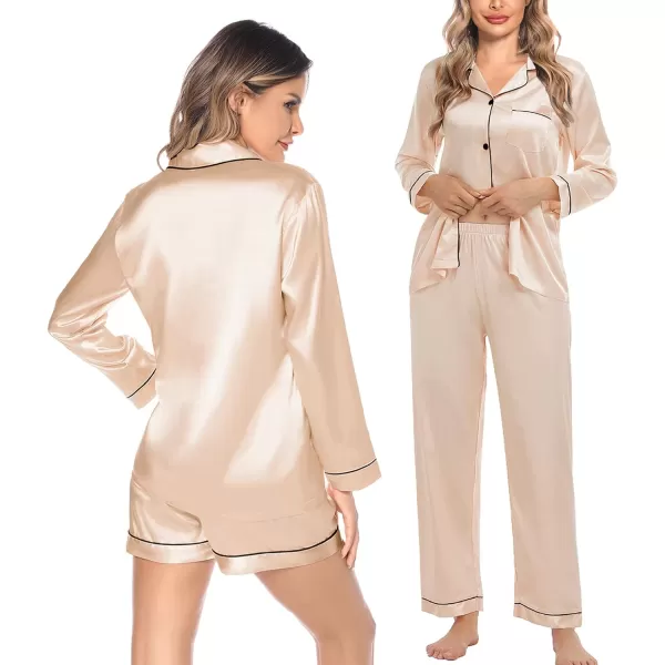 SWOMOG Womens 3pcs Pajamas Set Silk Satin Long Sleeve Sleepwear Button Down Loungewear Pjs NightwearChampagne