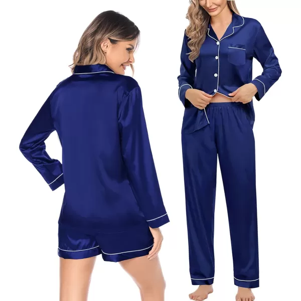 SWOMOG Womens 3pcs Pajamas Set Silk Satin Long Sleeve Sleepwear Button Down Loungewear Pjs NightwearNavy Blue