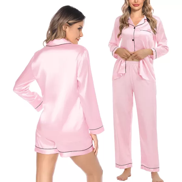 SWOMOG Womens 3pcs Pajamas Set Silk Satin Long Sleeve Sleepwear Button Down Loungewear Pjs NightwearPink