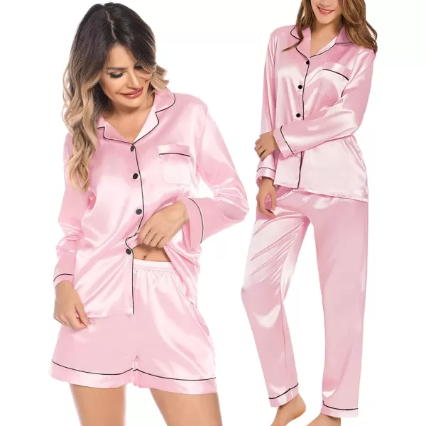 SWOMOG Womens 3pcs Pajamas Set Silk Satin Long Sleeve Sleepwear Button Down Loungewear Pjs NightwearPink