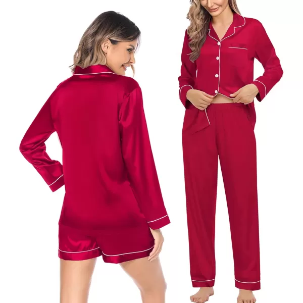 SWOMOG Womens 3pcs Pajamas Set Silk Satin Long Sleeve Sleepwear Button Down Loungewear Pjs NightwearRed