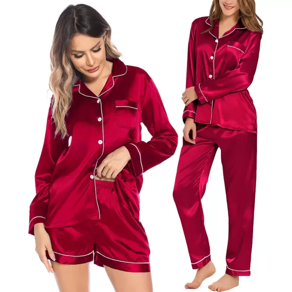 SWOMOG Womens 3pcs Pajamas Set Silk Satin Long Sleeve Sleepwear Button Down Loungewear Pjs NightwearRed