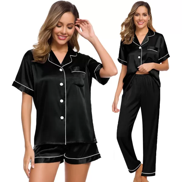 SWOMOG Womens 3pcs Pajamas Set Silk Satin Short Sleeve Sleepwear Button Down Loungewear Pjs NightwearBlack