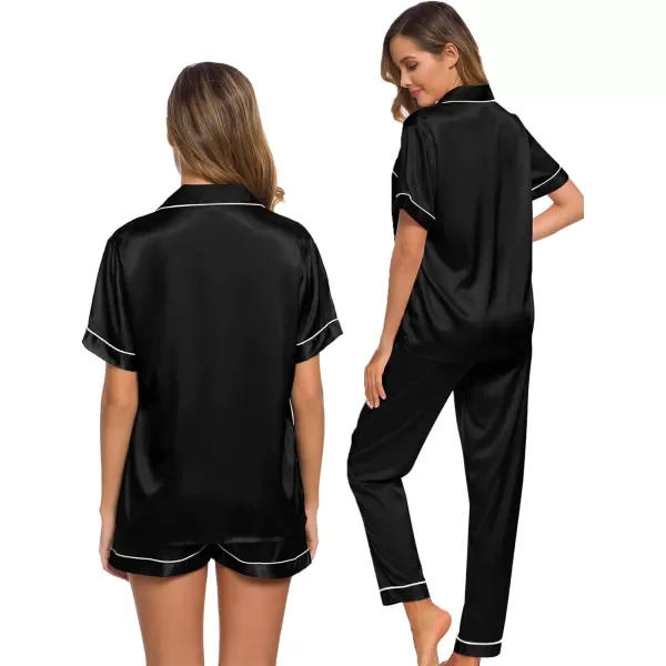 SWOMOG Womens 3pcs Pajamas Set Silk Satin Short Sleeve Sleepwear Button Down Loungewear Pjs NightwearBlack