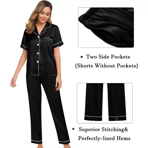 SWOMOG Womens 3pcs Pajamas Set Silk Satin Short Sleeve Sleepwear Button Down Loungewear Pjs NightwearBlack