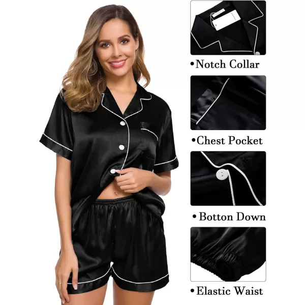 SWOMOG Womens 3pcs Pajamas Set Silk Satin Short Sleeve Sleepwear Button Down Loungewear Pjs NightwearBlack