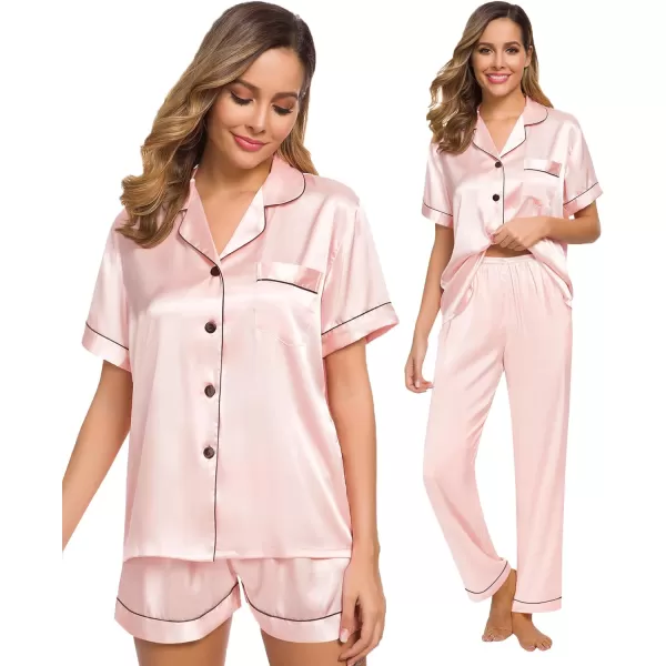 SWOMOG Womens 3pcs Pajamas Set Silk Satin Short Sleeve Sleepwear Button Down Loungewear Pjs NightwearBlush Pink