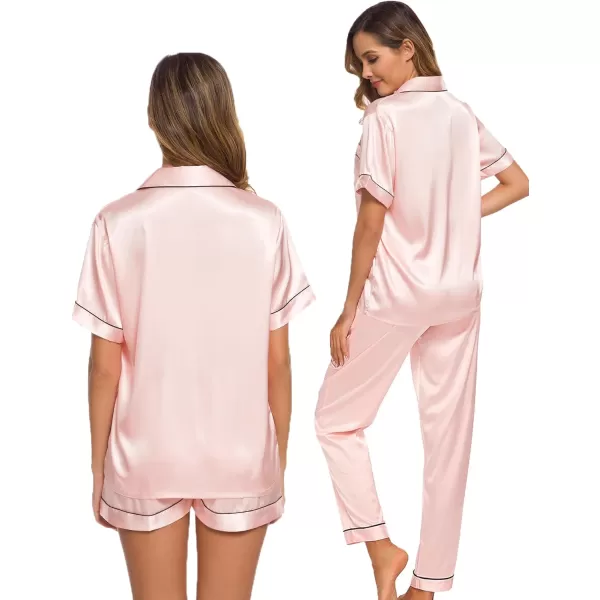 SWOMOG Womens 3pcs Pajamas Set Silk Satin Short Sleeve Sleepwear Button Down Loungewear Pjs NightwearBlush Pink