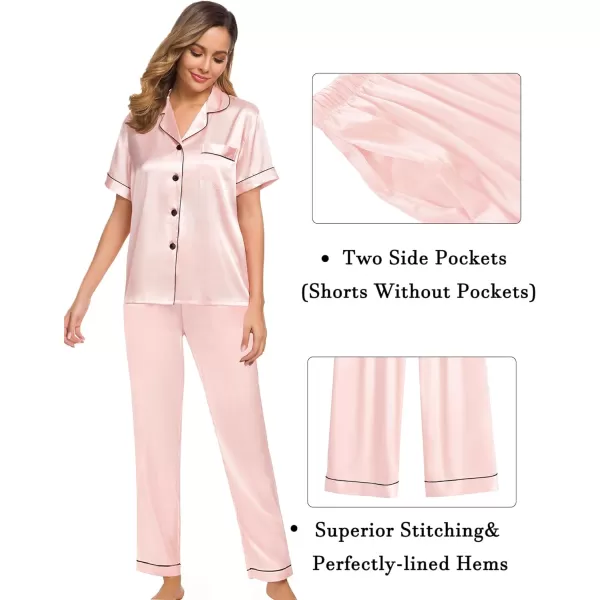 SWOMOG Womens 3pcs Pajamas Set Silk Satin Short Sleeve Sleepwear Button Down Loungewear Pjs NightwearBlush Pink