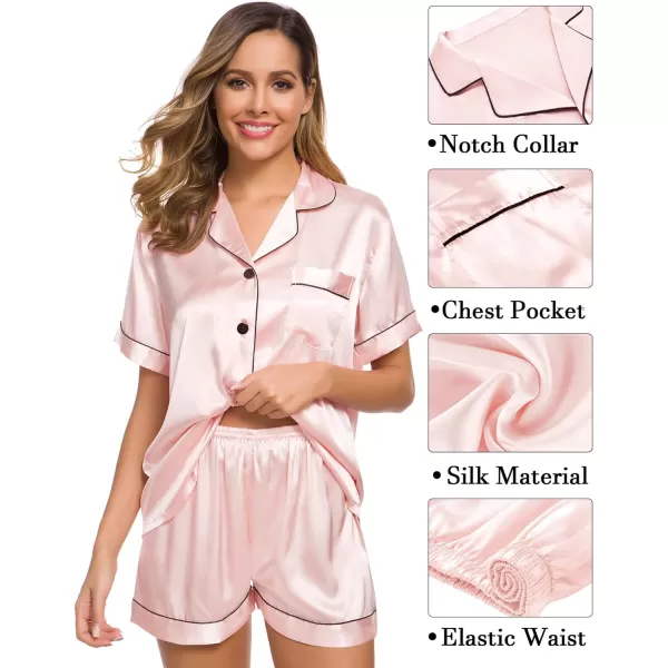 SWOMOG Womens 3pcs Pajamas Set Silk Satin Short Sleeve Sleepwear Button Down Loungewear Pjs NightwearBlush Pink