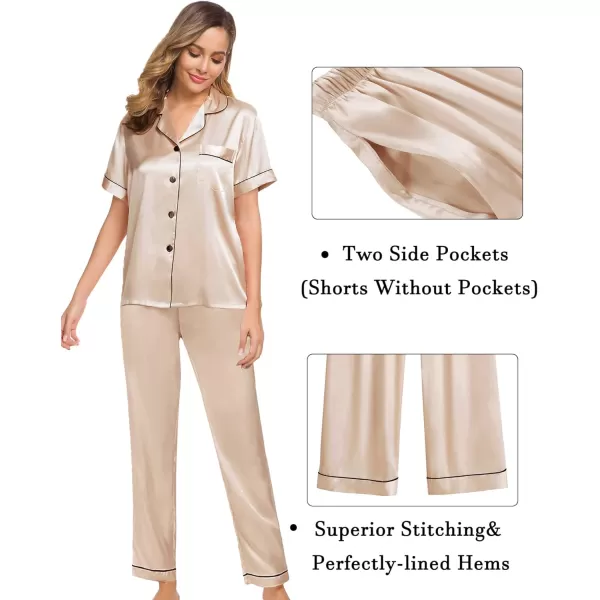 SWOMOG Womens 3pcs Pajamas Set Silk Satin Short Sleeve Sleepwear Button Down Loungewear Pjs NightwearChampagne