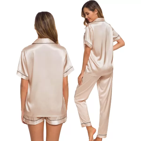 SWOMOG Womens 3pcs Pajamas Set Silk Satin Short Sleeve Sleepwear Button Down Loungewear Pjs NightwearChampagne