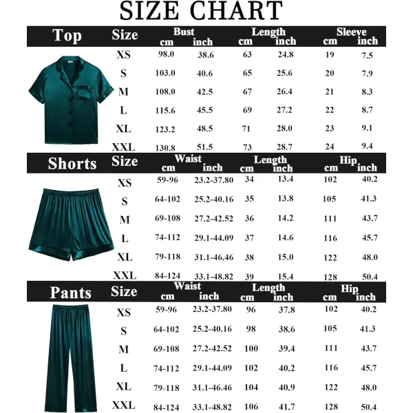 SWOMOG Womens 3pcs Pajamas Set Silk Satin Short Sleeve Sleepwear Button Down Loungewear Pjs NightwearDeep Green