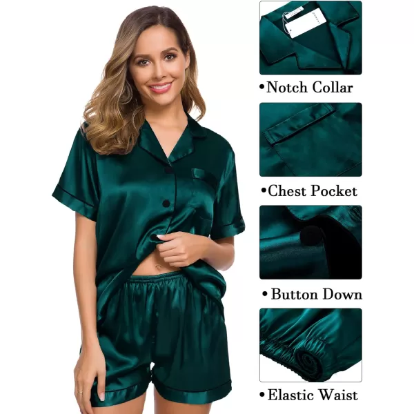 SWOMOG Womens 3pcs Pajamas Set Silk Satin Short Sleeve Sleepwear Button Down Loungewear Pjs NightwearDeep Green