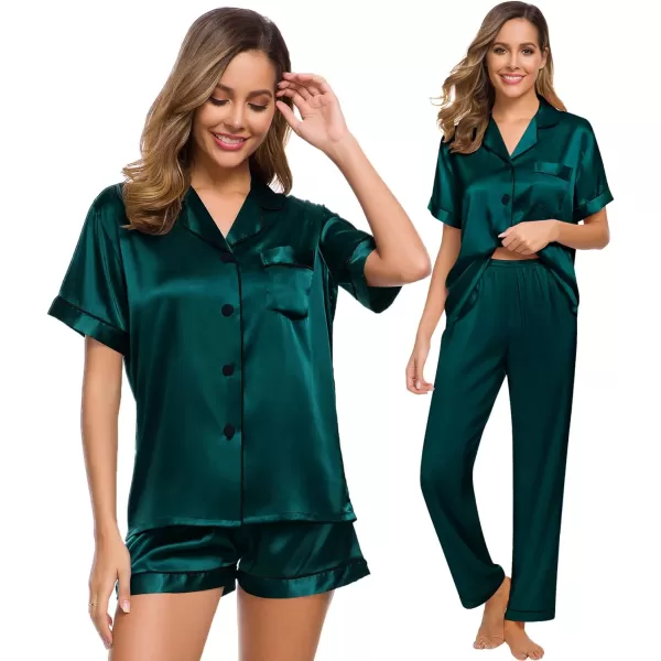 SWOMOG Womens 3pcs Pajamas Set Silk Satin Short Sleeve Sleepwear Button Down Loungewear Pjs NightwearDeep Green