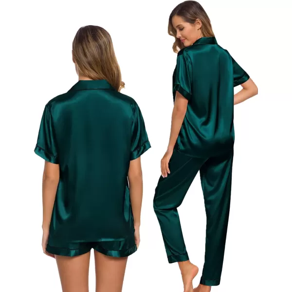 SWOMOG Womens 3pcs Pajamas Set Silk Satin Short Sleeve Sleepwear Button Down Loungewear Pjs NightwearDeep Green