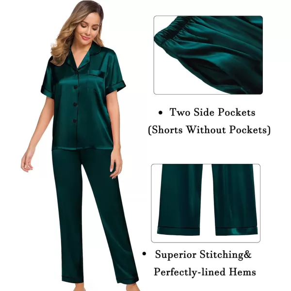 SWOMOG Womens 3pcs Pajamas Set Silk Satin Short Sleeve Sleepwear Button Down Loungewear Pjs NightwearDeep Green