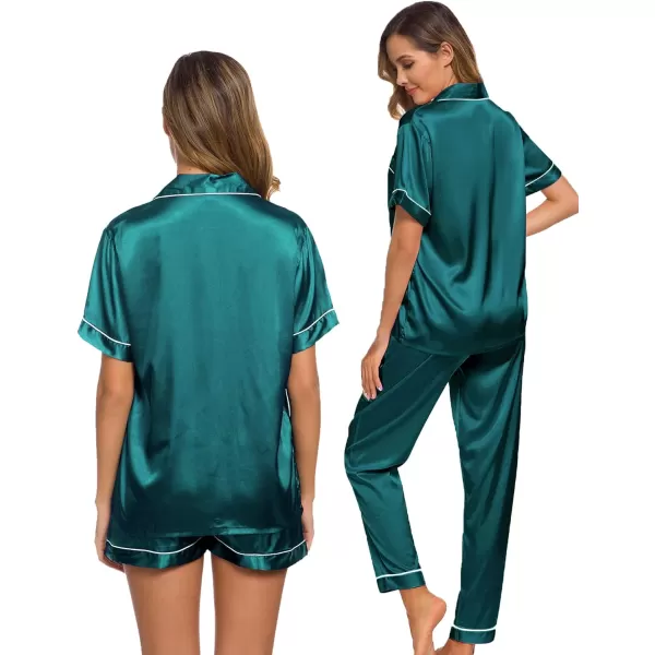 SWOMOG Womens 3pcs Pajamas Set Silk Satin Short Sleeve Sleepwear Button Down Loungewear Pjs NightwearGreen