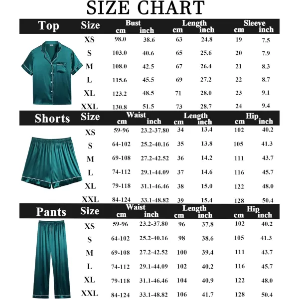 SWOMOG Womens 3pcs Pajamas Set Silk Satin Short Sleeve Sleepwear Button Down Loungewear Pjs NightwearGreen