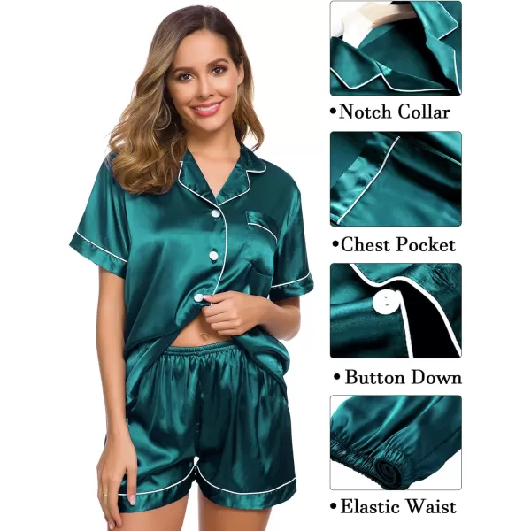 SWOMOG Womens 3pcs Pajamas Set Silk Satin Short Sleeve Sleepwear Button Down Loungewear Pjs NightwearGreen