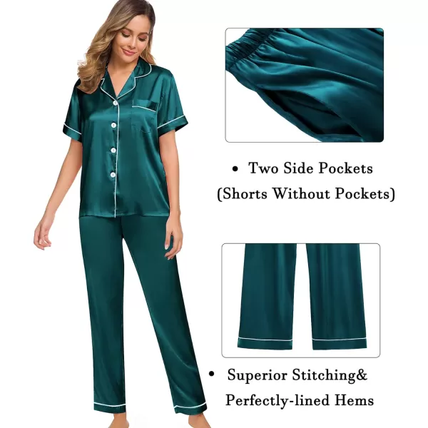 SWOMOG Womens 3pcs Pajamas Set Silk Satin Short Sleeve Sleepwear Button Down Loungewear Pjs NightwearGreen