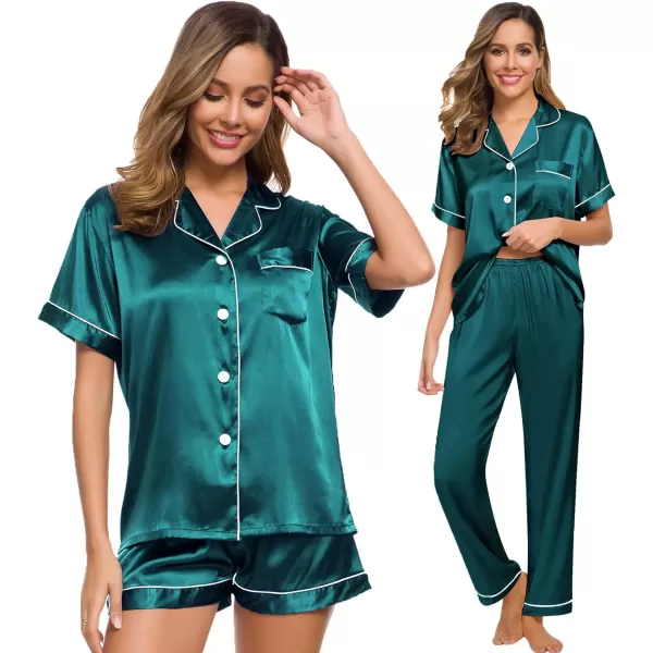 SWOMOG Womens 3pcs Pajamas Set Silk Satin Short Sleeve Sleepwear Button Down Loungewear Pjs NightwearGreen