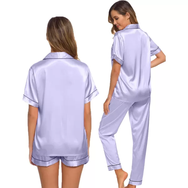 SWOMOG Womens 3pcs Pajamas Set Silk Satin Short Sleeve Sleepwear Button Down Loungewear Pjs NightwearLavender