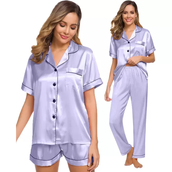 SWOMOG Womens 3pcs Pajamas Set Silk Satin Short Sleeve Sleepwear Button Down Loungewear Pjs NightwearLavender