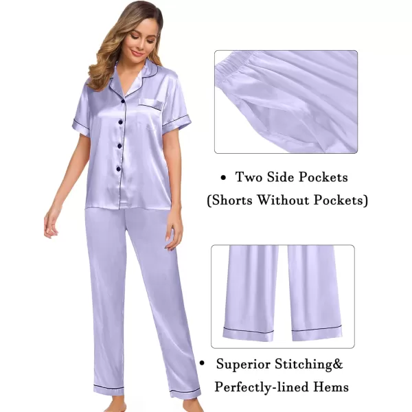 SWOMOG Womens 3pcs Pajamas Set Silk Satin Short Sleeve Sleepwear Button Down Loungewear Pjs NightwearLavender