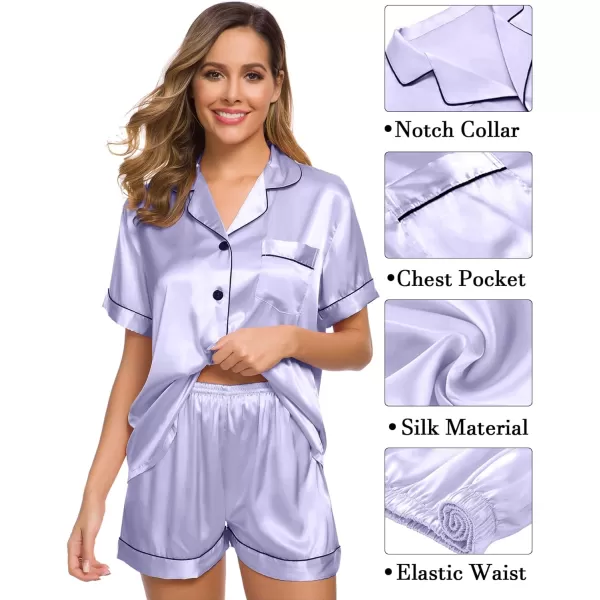 SWOMOG Womens 3pcs Pajamas Set Silk Satin Short Sleeve Sleepwear Button Down Loungewear Pjs NightwearLavender