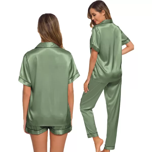 SWOMOG Womens 3pcs Pajamas Set Silk Satin Short Sleeve Sleepwear Button Down Loungewear Pjs NightwearMatcha