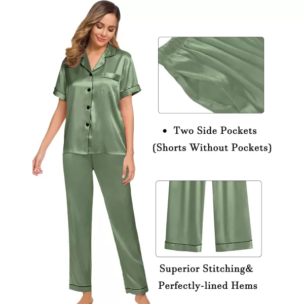 SWOMOG Womens 3pcs Pajamas Set Silk Satin Short Sleeve Sleepwear Button Down Loungewear Pjs NightwearMatcha