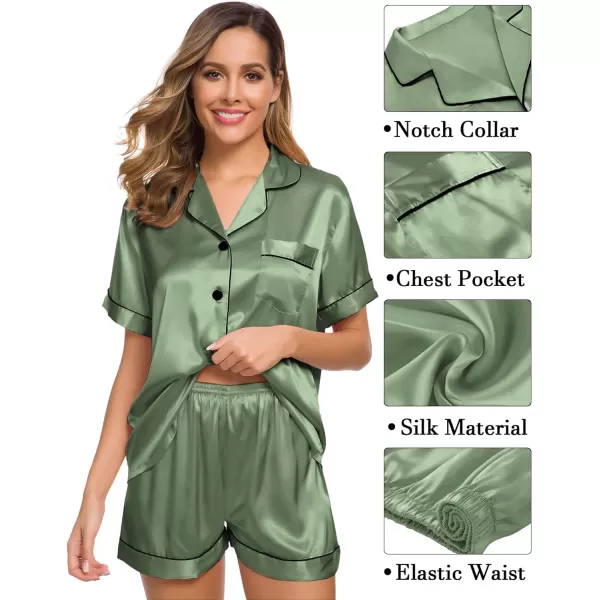 SWOMOG Womens 3pcs Pajamas Set Silk Satin Short Sleeve Sleepwear Button Down Loungewear Pjs NightwearMatcha