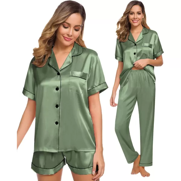 SWOMOG Womens 3pcs Pajamas Set Silk Satin Short Sleeve Sleepwear Button Down Loungewear Pjs NightwearMatcha