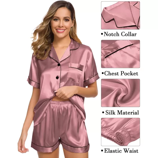 SWOMOG Womens 3pcs Pajamas Set Silk Satin Short Sleeve Sleepwear Button Down Loungewear Pjs NightwearMisty Rose