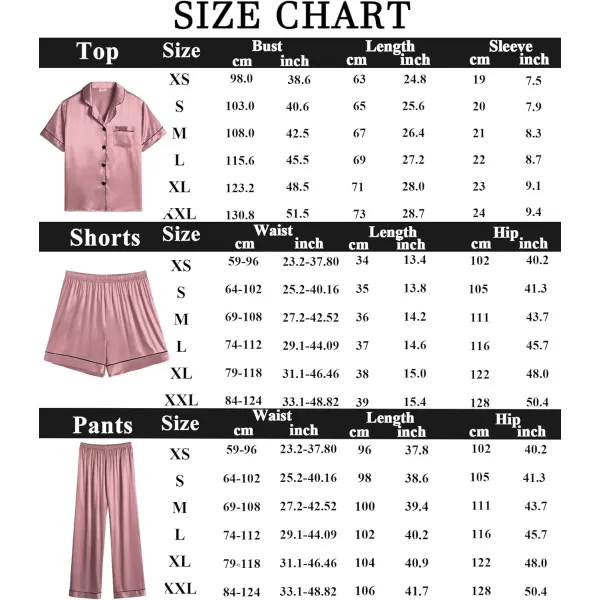 SWOMOG Womens 3pcs Pajamas Set Silk Satin Short Sleeve Sleepwear Button Down Loungewear Pjs NightwearMisty Rose