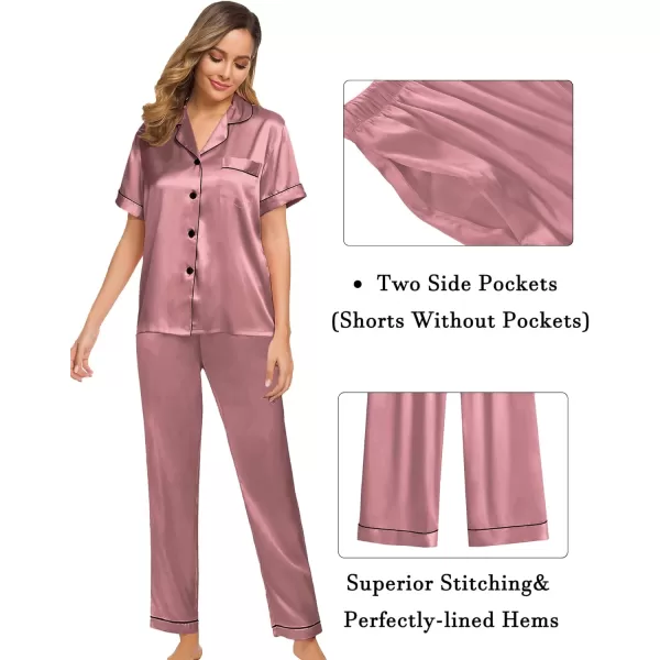 SWOMOG Womens 3pcs Pajamas Set Silk Satin Short Sleeve Sleepwear Button Down Loungewear Pjs NightwearMisty Rose