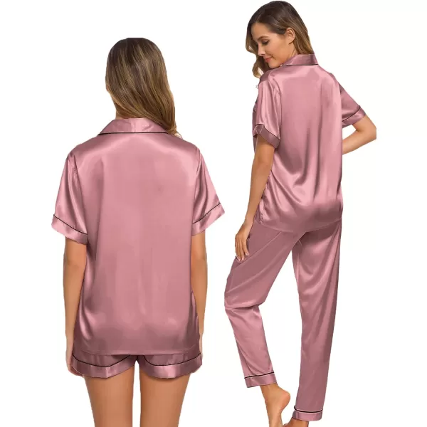 SWOMOG Womens 3pcs Pajamas Set Silk Satin Short Sleeve Sleepwear Button Down Loungewear Pjs NightwearMisty Rose