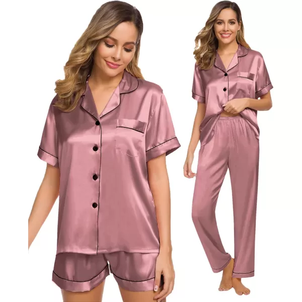 SWOMOG Womens 3pcs Pajamas Set Silk Satin Short Sleeve Sleepwear Button Down Loungewear Pjs NightwearMisty Rose