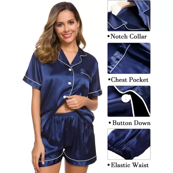 SWOMOG Womens 3pcs Pajamas Set Silk Satin Short Sleeve Sleepwear Button Down Loungewear Pjs NightwearNavy Blue