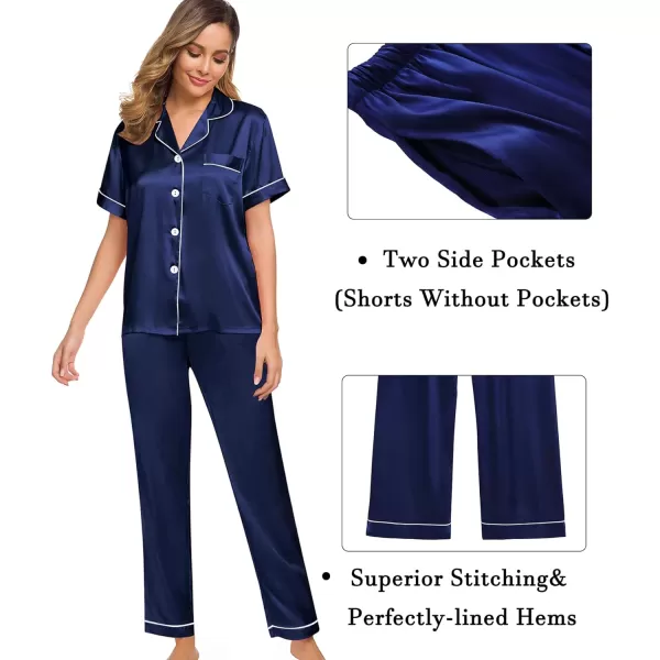 SWOMOG Womens 3pcs Pajamas Set Silk Satin Short Sleeve Sleepwear Button Down Loungewear Pjs NightwearNavy Blue