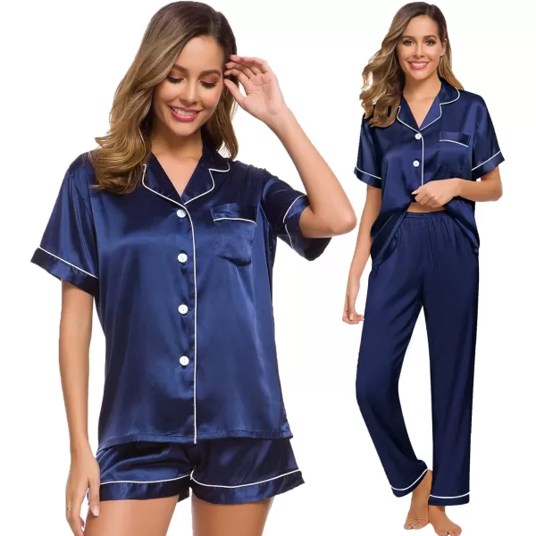 SWOMOG Womens 3pcs Pajamas Set Silk Satin Short Sleeve Sleepwear Button Down Loungewear Pjs NightwearNavy Blue