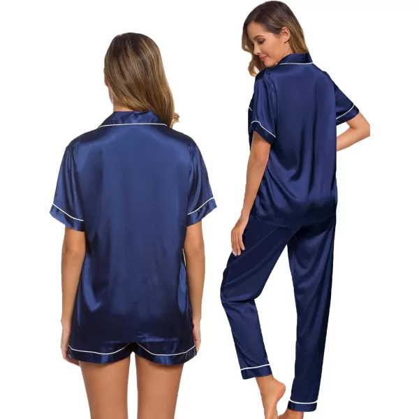 SWOMOG Womens 3pcs Pajamas Set Silk Satin Short Sleeve Sleepwear Button Down Loungewear Pjs NightwearNavy Blue