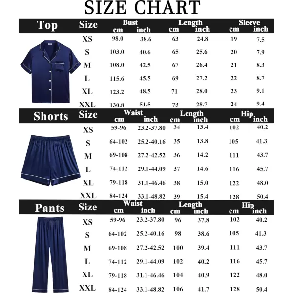 SWOMOG Womens 3pcs Pajamas Set Silk Satin Short Sleeve Sleepwear Button Down Loungewear Pjs NightwearNavy Blue