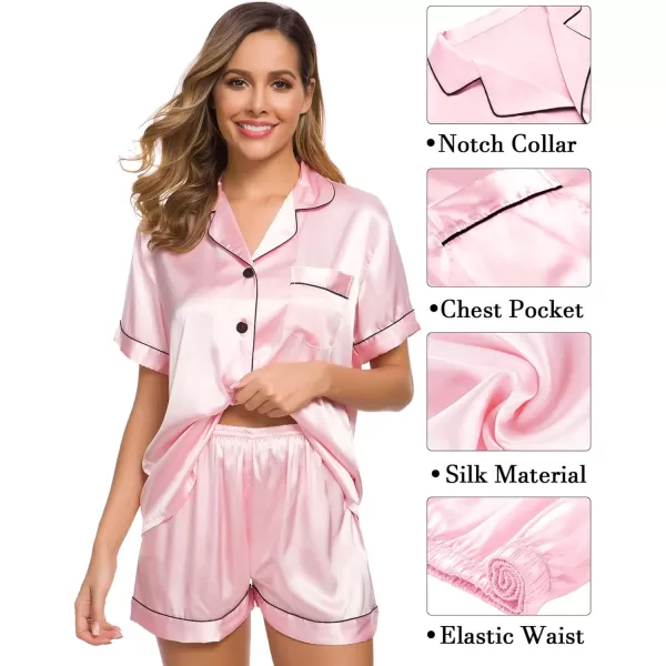 SWOMOG Womens 3pcs Pajamas Set Silk Satin Short Sleeve Sleepwear Button Down Loungewear Pjs NightwearPink