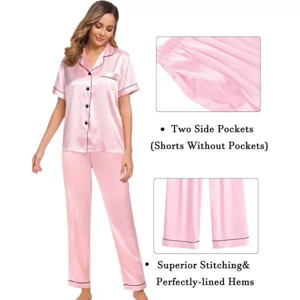 SWOMOG Womens 3pcs Pajamas Set Silk Satin Short Sleeve Sleepwear Button Down Loungewear Pjs NightwearPink